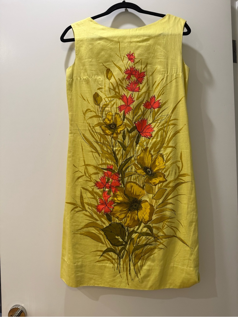 Vintage 60s Yellow Floral Graphic Shift Dress Mod Retro Chartreuse Linen 1960s - Picture 2 of 6